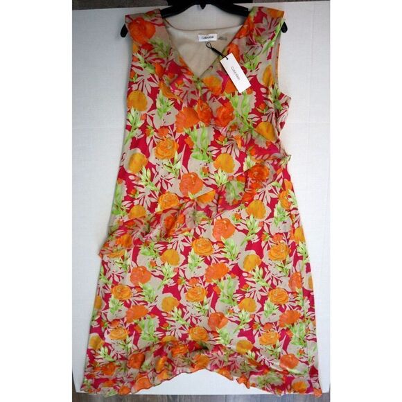 Calvin Klein M0ED6870 Women Sz L Multi Floral Print Cascading Ruffles Midi Dress - Picture 1 of 9